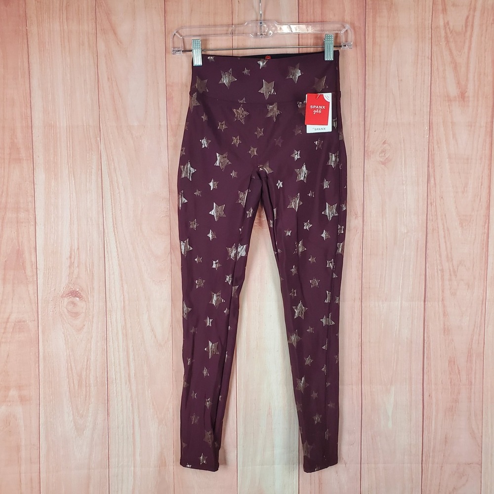 Spanx Faux Leather Leggings Girls Large Burgundy Rose Gold‎ Star Print High Rise